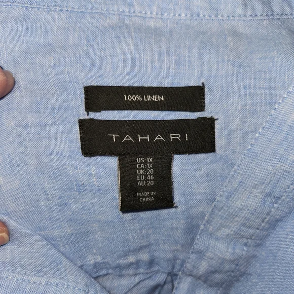 Tahari Linen Blouse Tunic Pastel Blue Roll-up Sleeves Full Button Front Vee Neck - Picture 9 of 10